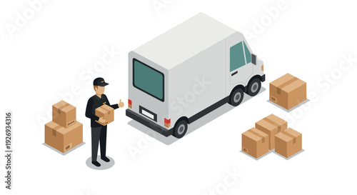 delivery man holding cardboard box near white delivery van with packages isometric illustration