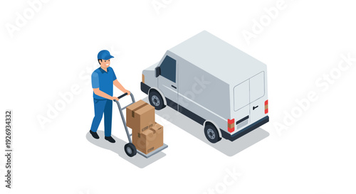 delivery worker with hand truck and packages near white cargo van isometric illustration