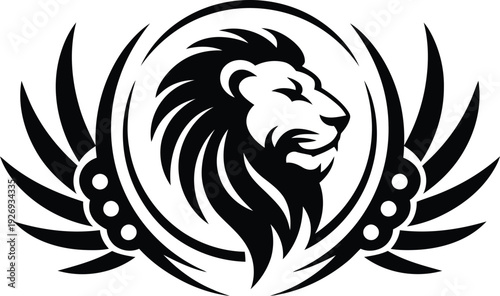 Lion head logo with wings in a circular frame,  branding and identity vector silhouette. 