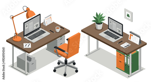 isometric modern office desks with laptops orange chair and office supplies hand drawn workspace illustration