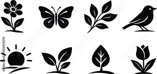 Nature icon set, flower, butterfly, branch, bird, sun, sprout, tree, and tulip
