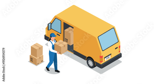 delivery worker unloading cardboard boxes from yellow van isometric illustration