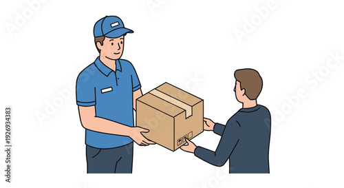 delivery person handing over cardboard box parcel to customer hand drawn illustration