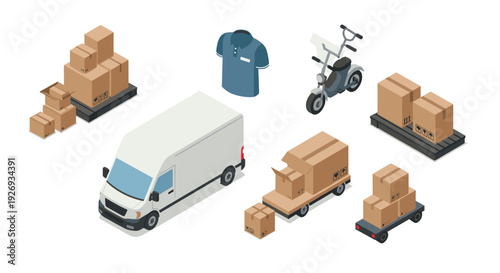 isometric delivery van and package boxes with courier shirt and electric scooter set