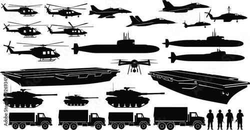 Military transport and combat vehicle silhouettes set with helicopters fighter jets submarines aircraft carriers tanks trucks and soldiers isolated on white background