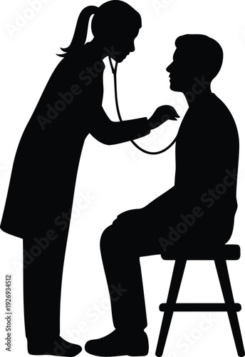 Female doctor using a stethoscope to examine a male patient sitting on a stool