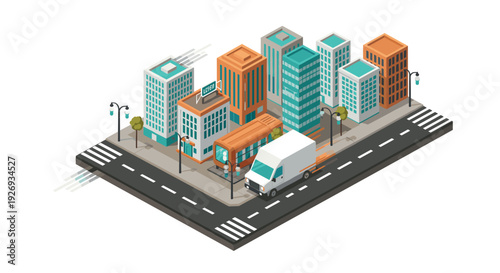 isometric illustration of a city block with buildings streets vehicles and trees in flat style
