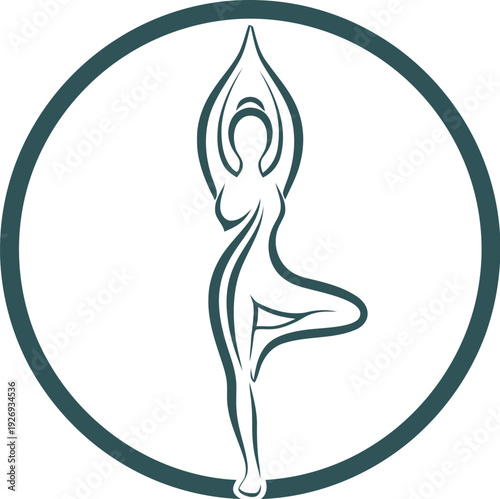 Stylized minimalist line art logo design featuring a graceful female figure in the tree pose within a circular frame suitable for wellness branding projects.