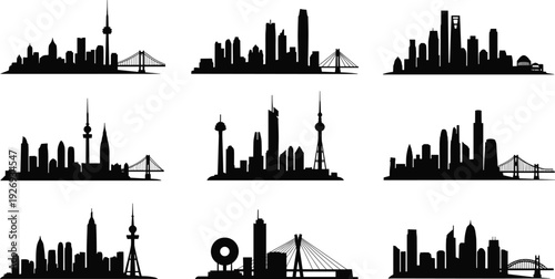 Modern city skyline silhouettes set, urban skyscrapers and landmark bridges, downtown panorama vector collection, black isolated illustration on white background