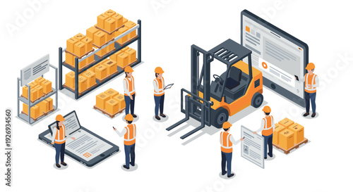 isometric warehouse logistics management scene with workers forklift boxes and digital documents in hand drawn style