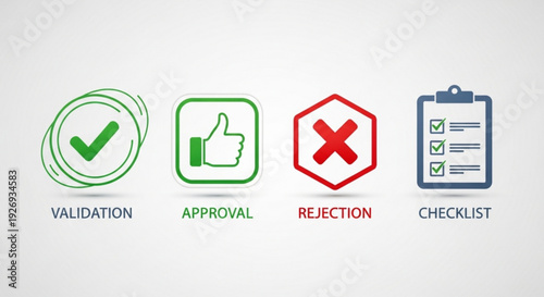 A set of four vector icons representing validation, approval, rejection, and checklist concepts in a modern flat design style