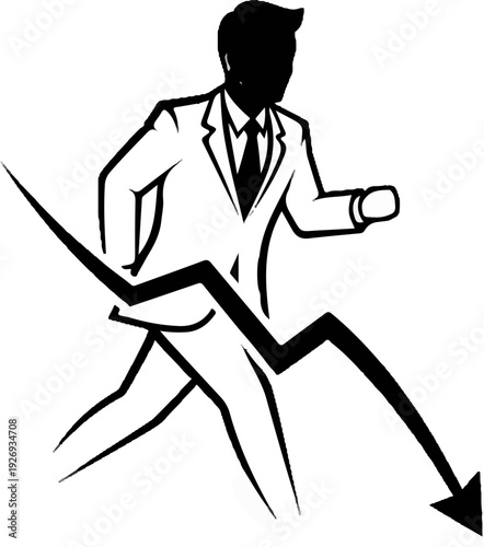 Man in suit runs forward with downward trending graph