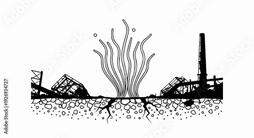 Overgrown vegetation emerges from a desolate industrial landscape, symbolizing rebirth