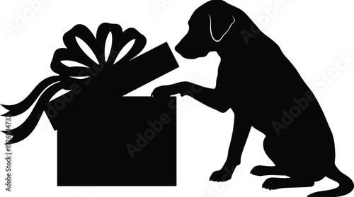 Silhouette of dog opening gift box with ribbon bow, black vector illustration isolated on white background, concept of pet surprise, celebration, and birthday.