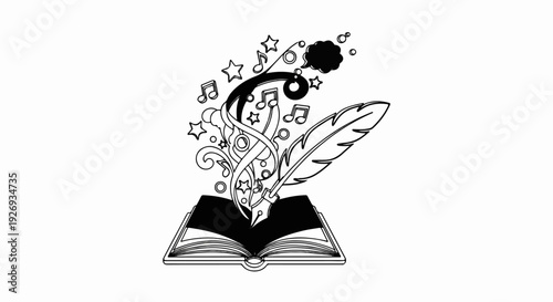 Open book with quill, musical notes, stars, and speech bubble