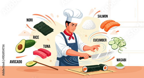 Talented sushi chef expertly preparing traditional maki rolls using fresh, labeled ingredients like salmon and tuna.