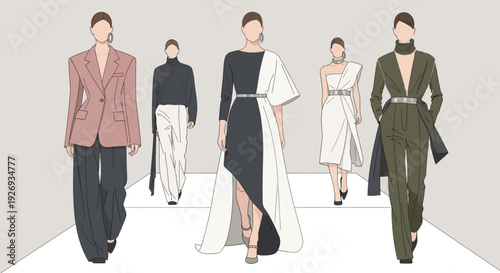 Stylish female models parade contemporary high-fashion garments, featuring sleek designs and sophisticated aesthetics, presented on a chic runway.