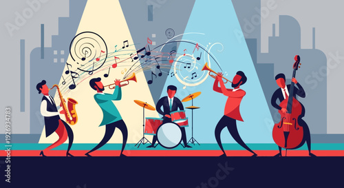 Vibrant illustration of a five-piece jazz band passionately playing diverse musical instruments on stage.