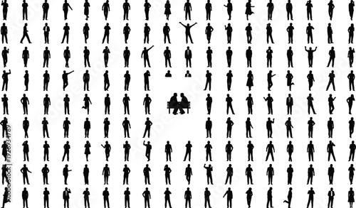 People silhouettes mega pack, men and women standing walking sitting poses, social interaction vector collection isolated on white background