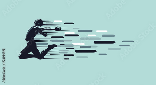A dynamic and abstract silhouette of a person leaping forward through the air with outstretched arms, symbolizing progress, speed, and success.