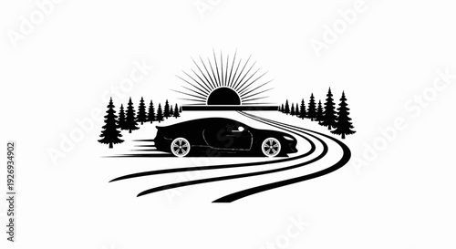 Sleek black sports car speeds on a winding road past fir trees towards a stylized sunrise