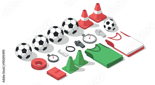collection of soccer training equipment with balls cones stopwatches whistles and jerseys in hand drawn style