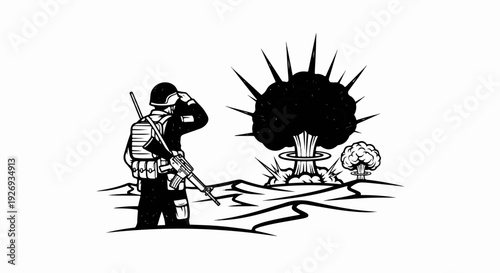 Soldier salutes in front of nuclear explosions and mushroom clouds