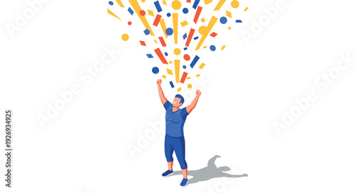happy man celebrating with colorful confetti explosion flat vector illustration