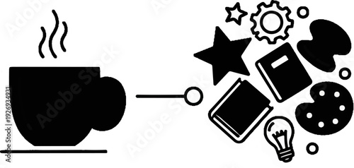 Steaming coffee cup connected to a cluster of creative symbols