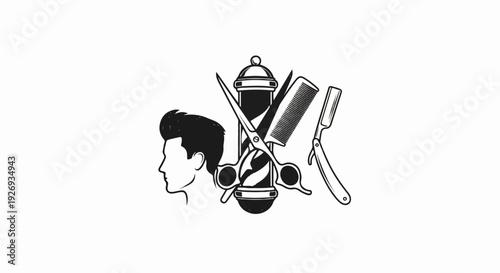 Stylized barber pole with scissors, comb, straight razor, and head silhouette