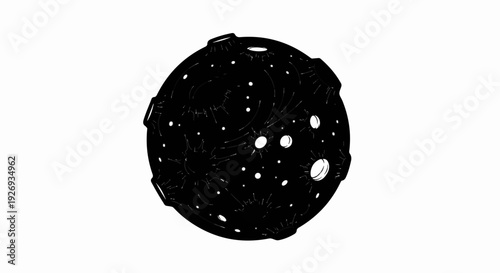 Stylized black and white illustration of a celestial body with craters and bright spots