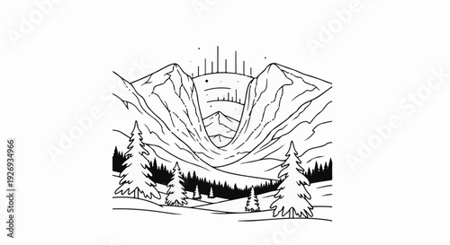 Stylized black and white illustration of a mountainous winter landscape