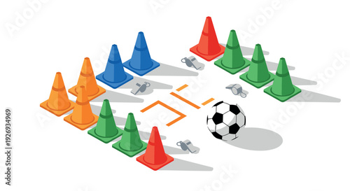 set of colorful traffic cones with whistles and soccer ball in isometric style for sports training