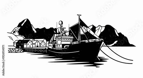 Stylized black and white illustration of a fishing boat docked at a harbor with mountains