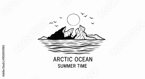 Stylized black and white illustration of arctic mountains, sun, and birds over water