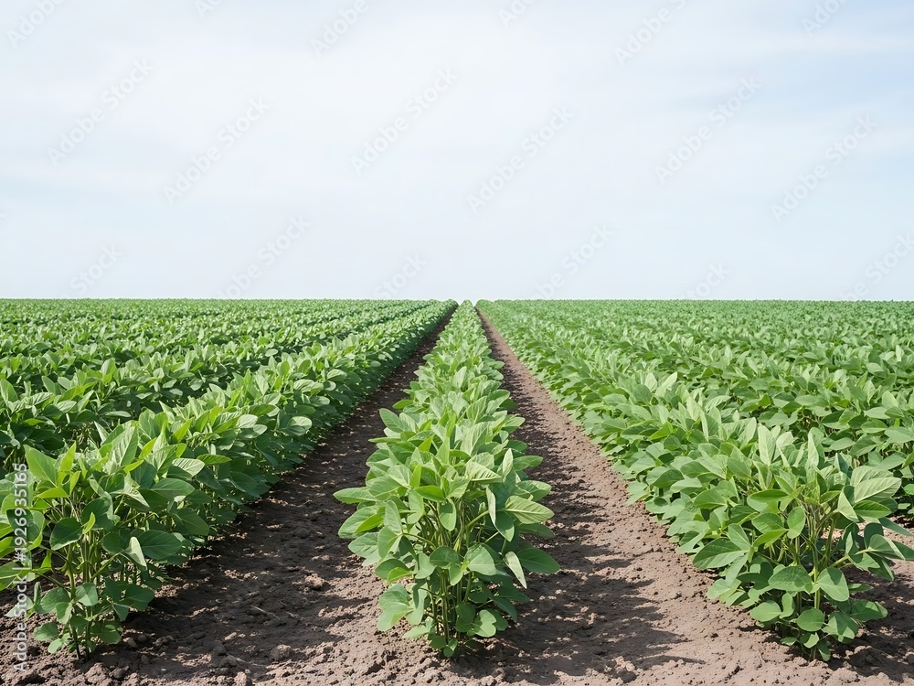 Fototapeta premium Expansive Soybean Field Underneath a Clear Sky during the Growing Season