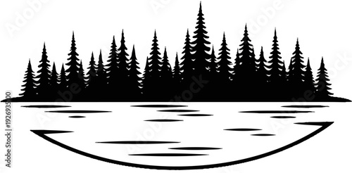 Stylized silhouette of pine trees reflected in water