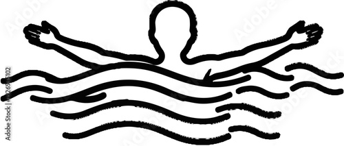 Stylized person swimming with arms extended in wavy water