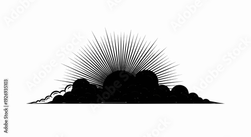 Stylized sun bursting through dark clouds with radiating lines