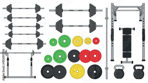 set of hand drawn gym equipment with barbells weight plates kettlebells and workout bench in flat style
