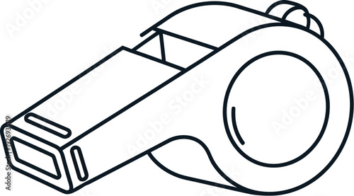 Simple black and white outline icon illustration depicting a classic referee or coach whistle isolated against a clean white background representing authority and direction.