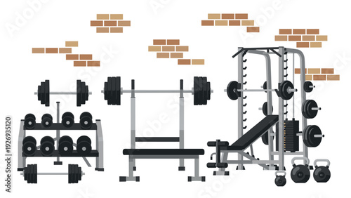 set of gym fitness equipment with weights dumbbells and bench in modern style