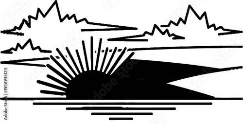 Stylized sunburst over jagged mountains reflected in water