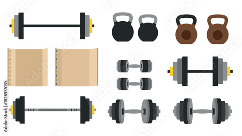 set of hand drawn gym equipment dumbbells kettlebells and workout gloves flat design