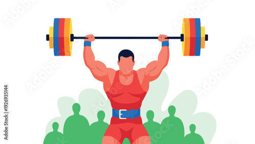 strong weightlifter lifting barbell with heavy colorful plates flat illustration with audience in background