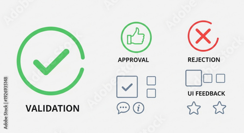 A vector graphic illustrating validation, approval, and rejection icons for user interface design