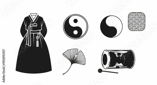 Traditional East Asian cultural symbols and artifacts presented in black and white