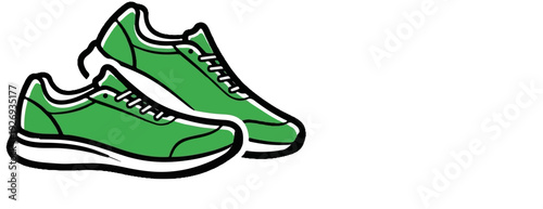 Two bright green running shoes with black outlines and white laces