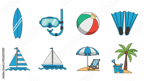 beach and summer holiday icons set with hand drawn style including surfboard snorkel flippers beach ball sailboats umbrella chair and palm tree