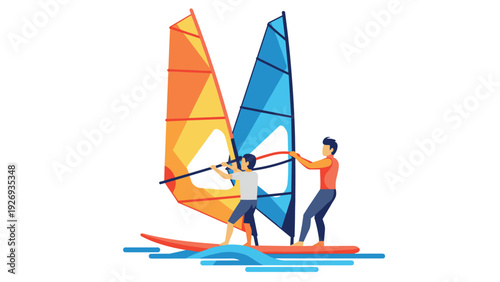 two people windsurfing on water with colorful sails flat vector illustration